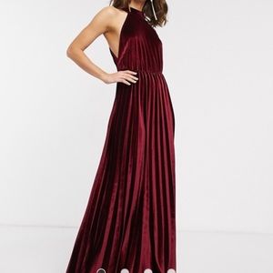 Asos Velvet halter/pleated/waisted Burgundy Maxi